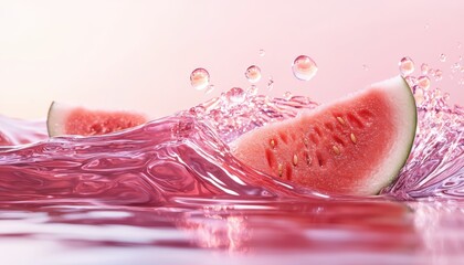 A vibrant image of watermelon slices splashing in pink water, capturing freshness and summer vibes.