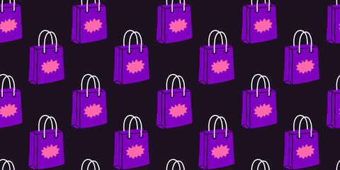Vibrant purple shopping bags arranged in a playful pattern on a dark background showcasing retail aesthetics