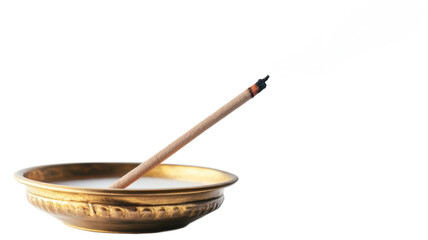 Transparent background, isolated png. Burning Incense Stick in Brass Bowl with White Smoke on Transparent Background
