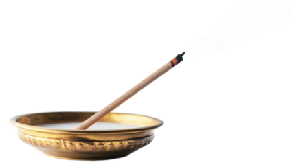 Transparent background, isolated png. Burning Incense Stick in Brass Bowl with White Smoke on Transparent Background