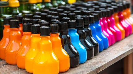 Colorful bottles of paint arranged in a vibrant display on a wooden surface