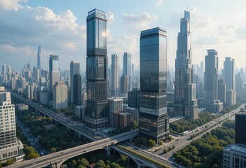 Obraz premium City skyline with modern skyscrapers and busy urban landscape during daytime