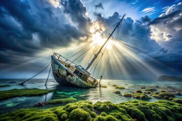 Obraz premium Sunbeams Illuminate a Sunken Sailboat on a Coastline Covered in Lush Green Algae