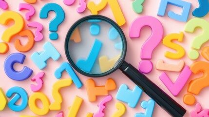 Colorful question mark with a magnifying glass on a white background. Top view of colorful plastic numbers and letters, isolated on a pastel background