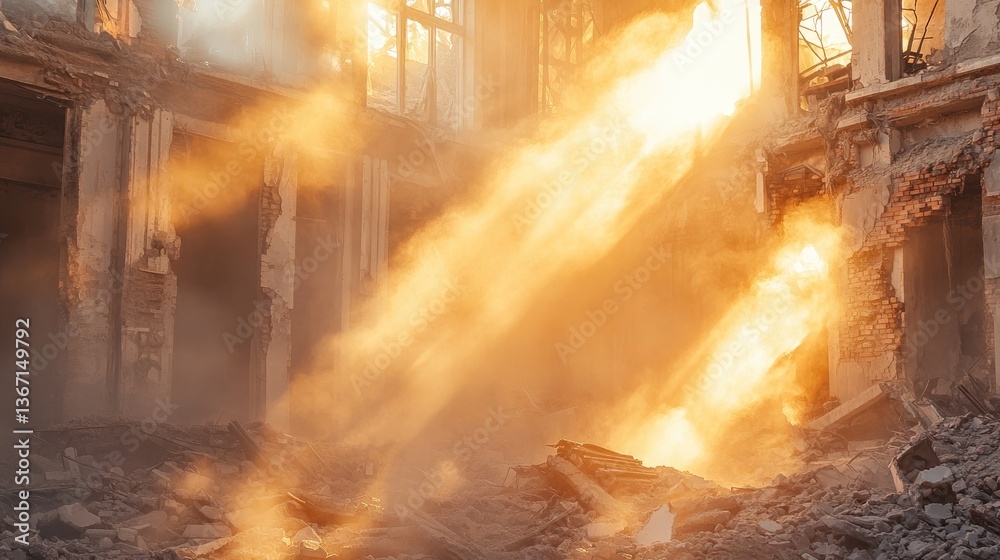 Poster dust rises from a partially destroyed building, its crumbling walls illuminated by the golden sunlig