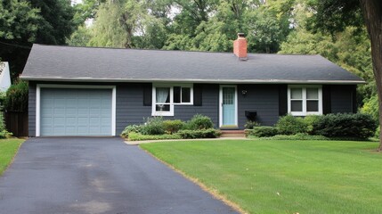 Suburban home with dark gray exterior.  Well-maintained landscaping,  a light-colored garage door, and a  light-blue front door