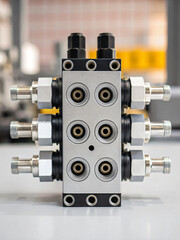 Obraz premium Industrial Hydraulic Valve Block with Multiple Connectors for Fluid Control System