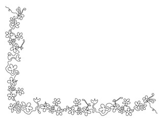 Abstract frame of little flowers, swirls, curls, continuous single one line art hand drawing sketch logo