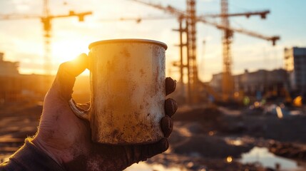 Hands calloused from hard labor clutch a dirty coffee mug at a construction site, with towering cranes in the background as the golden hour sunlight shines down