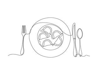 Abstract Dumplings, ravioli on the plate, continuous single one line art hand drawing sketch logo