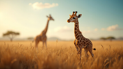 Obraz premium serene scene featuring two giraffes in golden field, basking in warm sunlight. tall grasses sway gently in breeze, creating peaceful atmosphere in savanna landscape