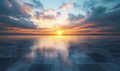 Dark floor background with beautiful sunset cloud night sky horizon, the vacant marble mosaic square. High quality photo