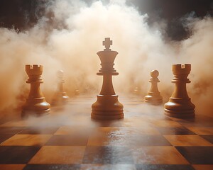 Chess king piece stands out in smoky scene.
