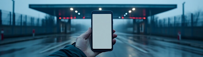 Hand holding smartphone with blank screen at toll booth.