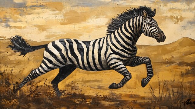 A zebra galloping across the plains