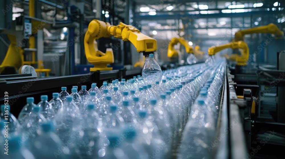 Poster robotic arms in a modern factory carefully sorting plastic bottles on a conveyor belt, showcasing cu