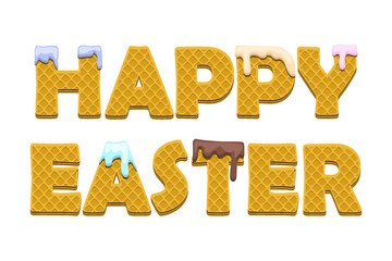 Wafflers text Happy Easter. Greeting card, sticker or print for your design. Cartoon stylized letters like wafers. Greeting card text template.