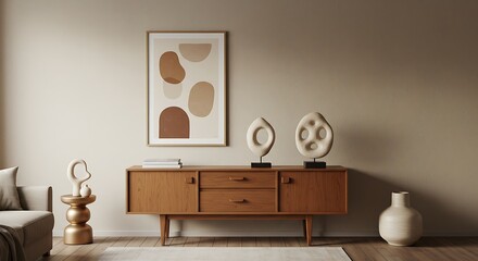 Minimalist home interior design of modern living room. Stylish cabinet near white wall with stone decorative sculpture and big art work in frame.
