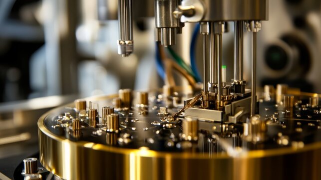 A technician assembling a quantum computer, futuristic lab background with quantum chips and hardware, Quantum-tech style