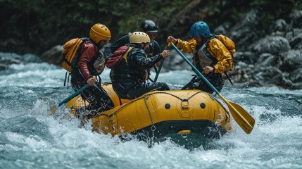 Teamwork in Action: Adventurers Collaborate to Cross a Raging River with a Rope in an Exciting Outdoor Expedition