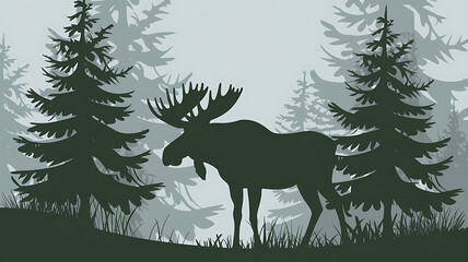Silhouette moose in misty forest Nature scene vector graphic