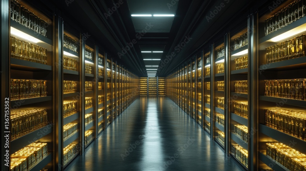 Poster the underground vault gleams with rows of gold bars and digital currency, bathed in bright lighting,