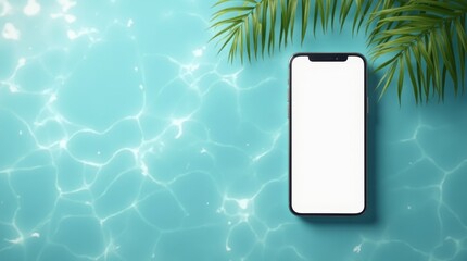 Smartphone with blank white screen on blue water background with palm leaves. Mockup for app or website presentation, copy space