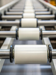 Close-Up View of Industrial Conveyor System with White Rollers and Metal Framework