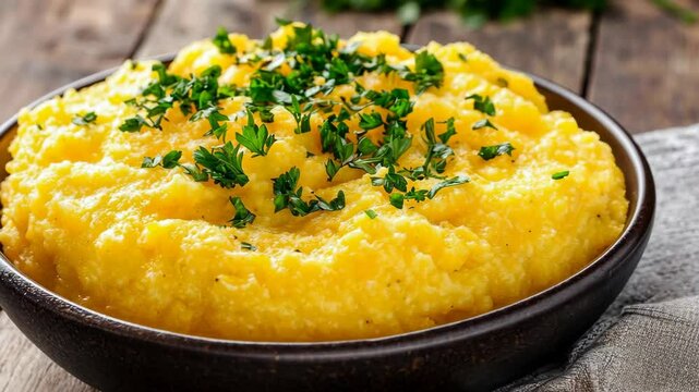 Creamy polenta dish garnished with fresh herbs on a rustic wooden table