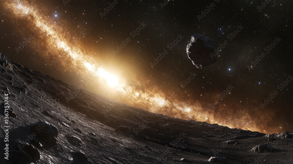 Poster the vastness of space is highlighted as a massive asteroid with a rugged surface moves toward earth,