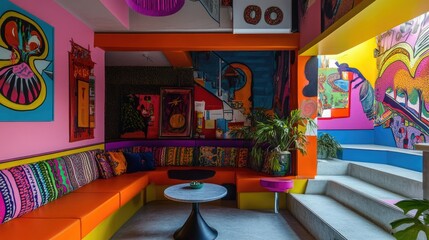 The vibrant street art in a 1970s-inspired retro living room, with sunken seating, creates a unique and creative atmosphere full of character and charm