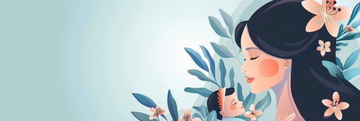 Celebrating world maternal mental health day with mother and child illustration. Horizontal banner. Copy space. Postpartum depression concept. Postnatal care services, women's wellness