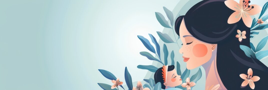 Celebrating world maternal mental health day with mother and child illustration. Horizontal banner. Copy space. Postpartum depression concept. Postnatal care services, women's wellness