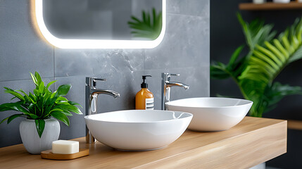 Stylish bathroom vanity with led lighting modern home interior design relaxing ambiance eye-level contemporary aesthetic