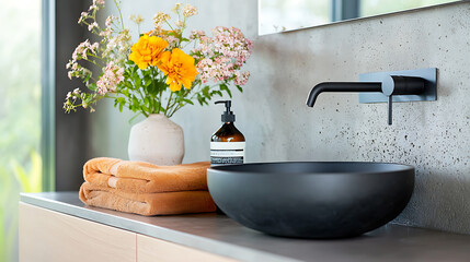 Stylish industrial-style bathroom design with concrete walls modern sink natural decor contemporary home environment elevated viewpoint