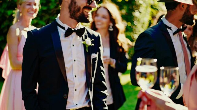 Elegant ladies and gentlemen holding glasses of champagne at a racing event, spring garden party. Old Money style, warm sunlight, luxury lifestyle atmosphere