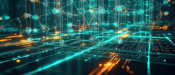 Fototapeta premium Futuristic digital network visualization with glowing teal and orange nodes and connections