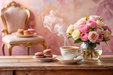 Aromatic Coffee Steaming Beside a Delicate Bouquet of Pink Roses and Sweet Macarons on Rustic Wooden Table