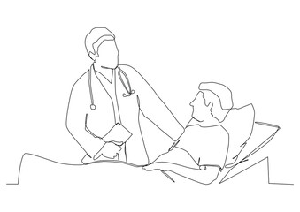 continuous one line drawing of doctor consulting senior patient.