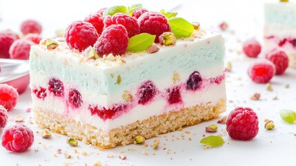 Berry Bliss: A delectable dessert features a vibrant composition of layers, adorned with luscious raspberries, pistachio nuts and mint leaves