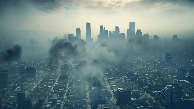 Urban Apocalypse: Capturing the aftermath of an unseen cataclysm, towering skyscrapers stand silhouetted amidst a smoky, dystopian cityscape. This image evokes feelings of desolation and resilience.
