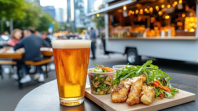 Food truck cuisine gourmet beer Street food scene with beer and grilled dishes in an urban setting. - Powered by Adobe