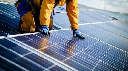 A technician installing solar panels on a roof, outdoor setting with solar panels and sunlight, Green-tech style