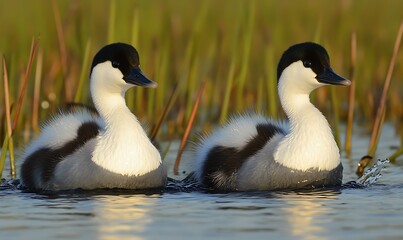 Fototapeta premium Two Ducklings Swimming Calmly in a Lake with Marsh Grass and Reflections Early in the Day