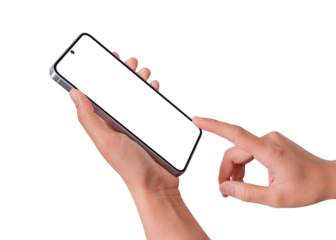 Hand using smartphone with blank screen isolated on transparent background.
