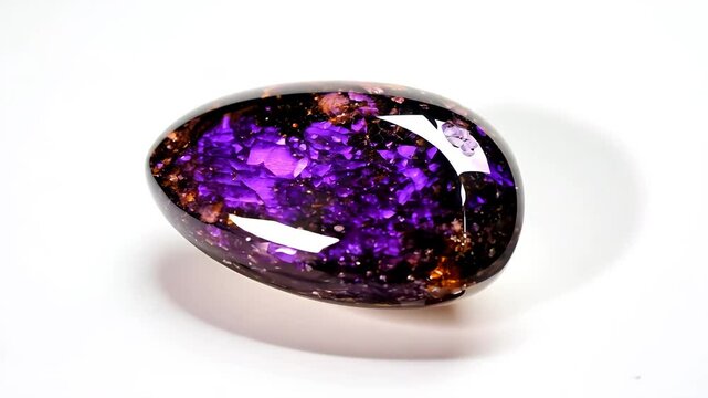 A polished, oval-shaped Sugilite amethyst gemstone with vibrant purple hues and sparkling inclusions, set against a white background.