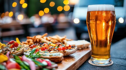 Food truck cuisine gourmet beer Delicious food platter with a glass of beer on a rustic table.