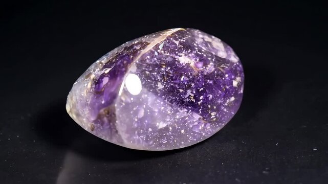 A polished Sugilite amethyst gemstone with a teardrop shape, displaying a gradient of purple hues and white speckles, set against a dark background.