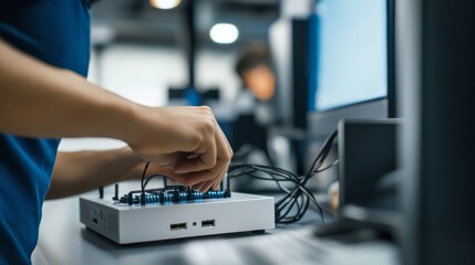 A technician setting up an IoT device in a smart office, office environment with smart devices and network hubs, IoT-tech style