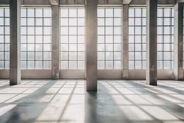 Sunlit industrial interior with large windows and concrete pillars.
